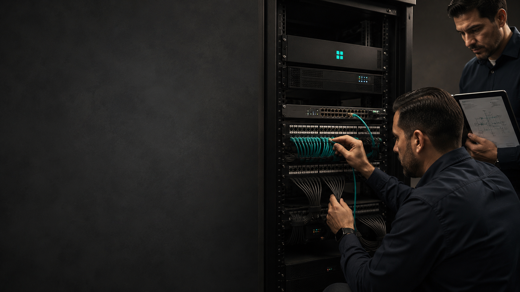 Dos técnicos de Kinetika trabajando en un gabinete de comunicaciones: uno conecta un cable en el panel de parcheo mientras el otro consulta el diagrama de la red en una tableta